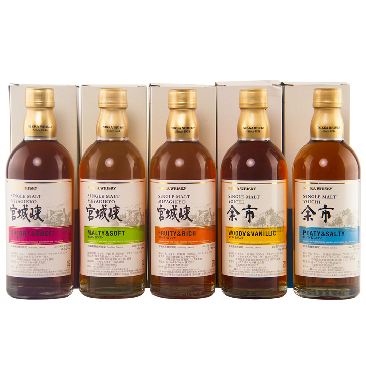 The Nikka Whisky Limited 5 Bottle Collection features five bottles, each in a row, uniquely labeled: Sherry & Sweet, Malty & Soft, Fruity & Rich, Woody & Vanillic, and Peaty & Salty.
