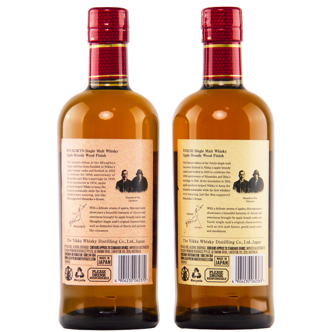 The Nikka Yoichi & Miyagikyo 2020 Apple Brandy Wood Finish (2 Bottle Set) features both single malts side by side, their back labels displaying text, logos, barcodes, and a small black-and-white photo of two people.