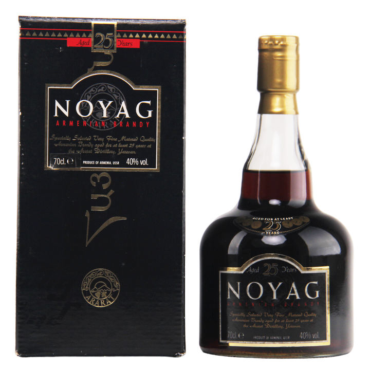 Noyag brandy bottle and packaging on a white background