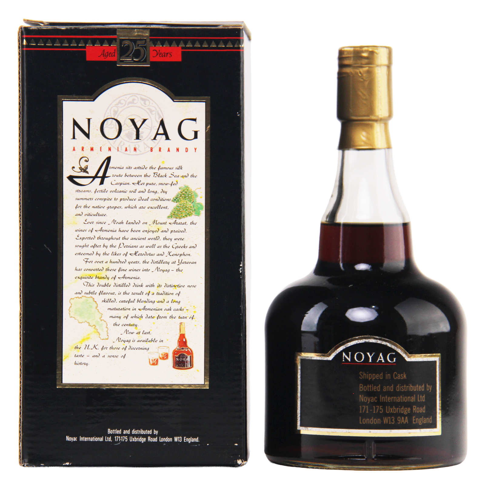 Bottle and packaging of Noyag brandy on a white background