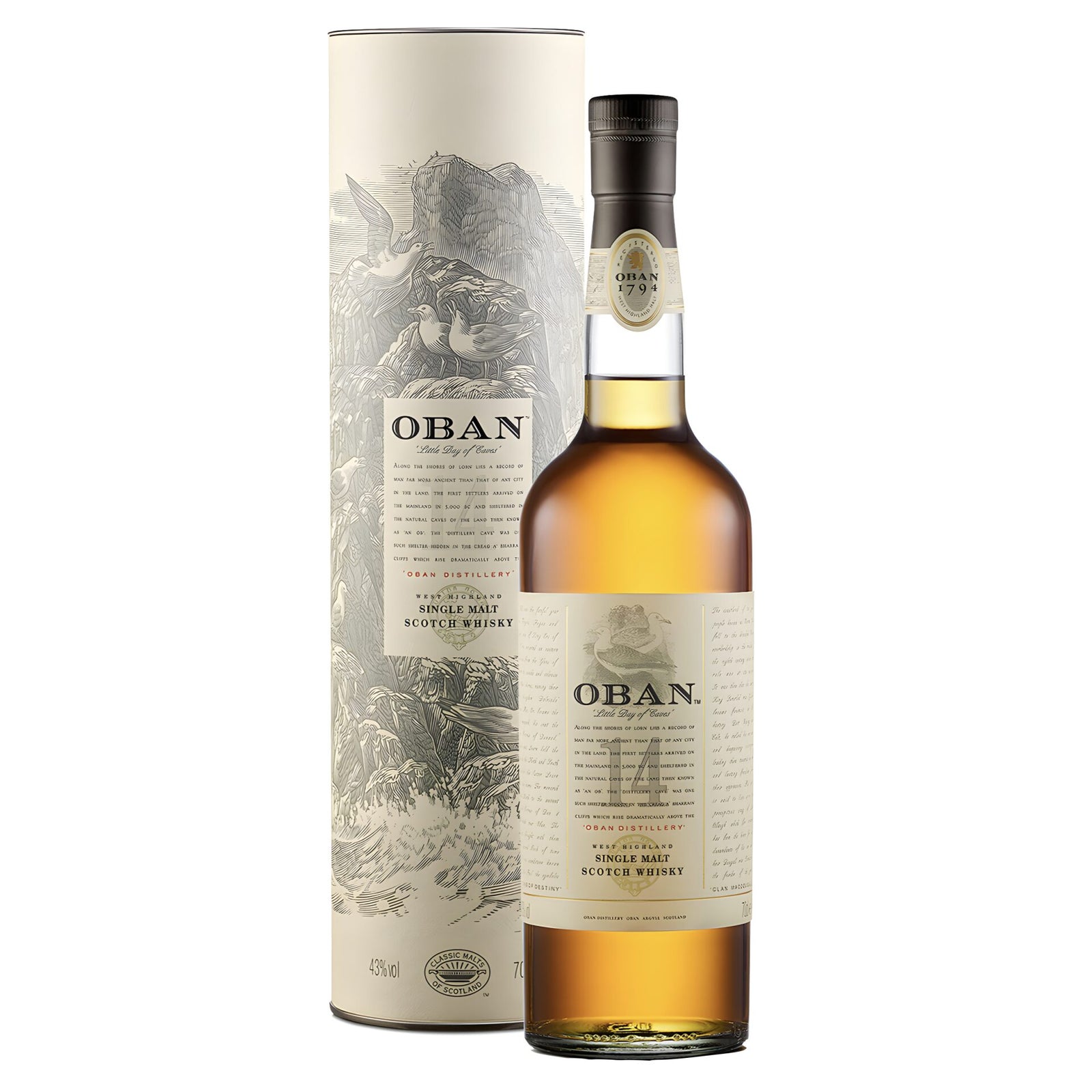 A bottle of Oban 14 Year Old Single Malt Scotch Whisky is shown before its illustrated cylinder packaging, both with cream labels and black and gold accents that highlight the heritage of the Oban Distillery.