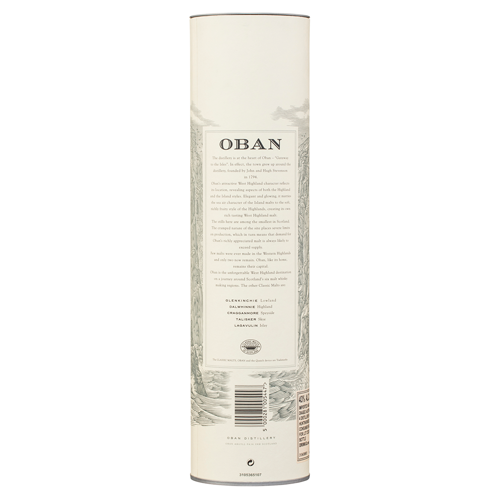 A tall, cream-colored cylindrical container displays the Oban logo at the top, detailed illustrations, and text about Oban 14 Year Old Single Malt Scotch Whisky, with the product name and details featured at the bottom.