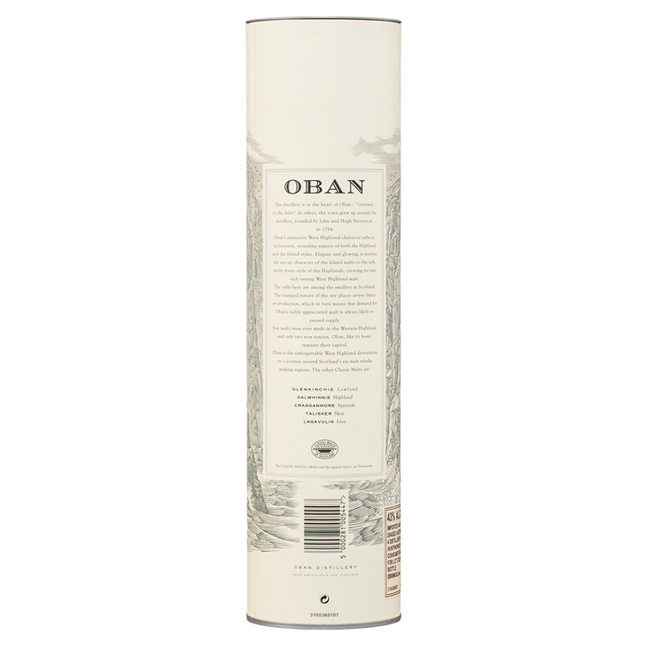 A tall, cream-colored cylindrical container displays the Oban logo at the top, detailed illustrations, and text about Oban 14 Year Old Single Malt Scotch Whisky, with the product name and details featured at the bottom.