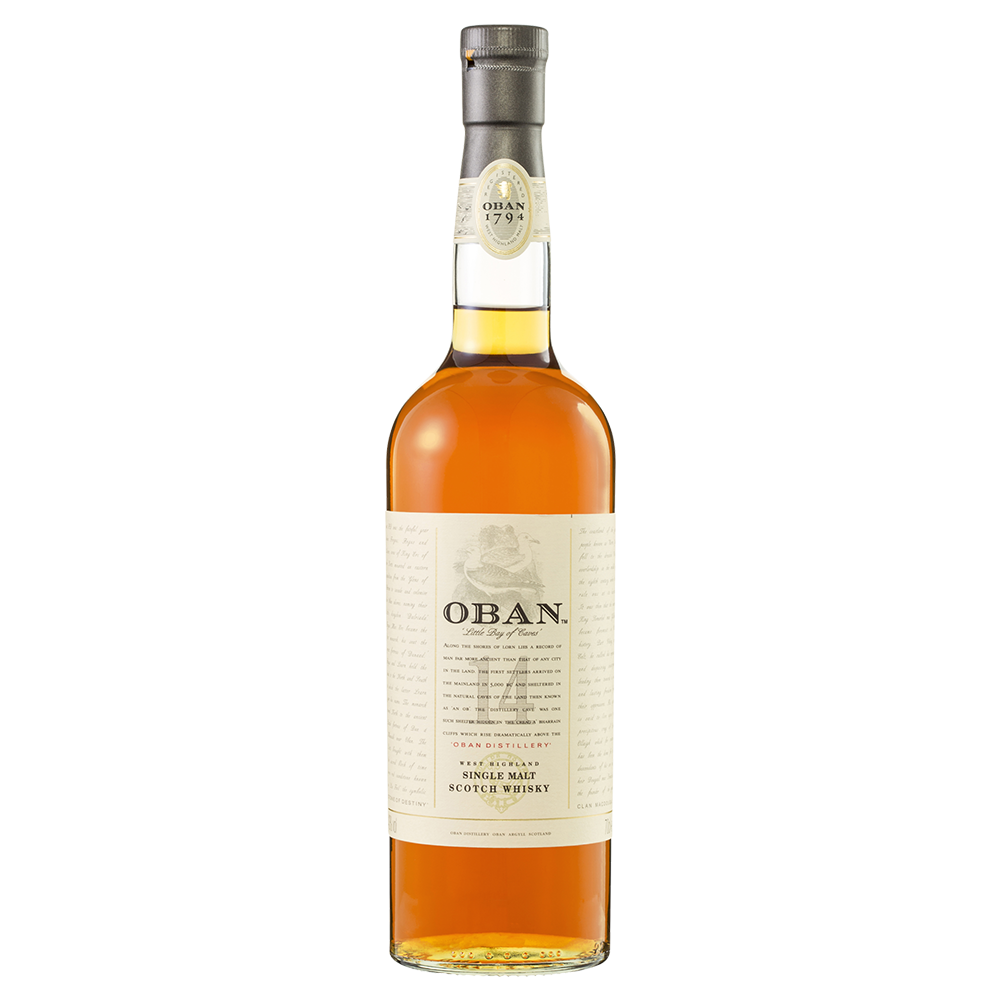 A bottle of Oban 14 Year Old Single Malt Scotch Whisky with a light brown liquid, cream label, and gray cap stands upright against a white background, highlighting the craftsmanship of Oban Distillery.