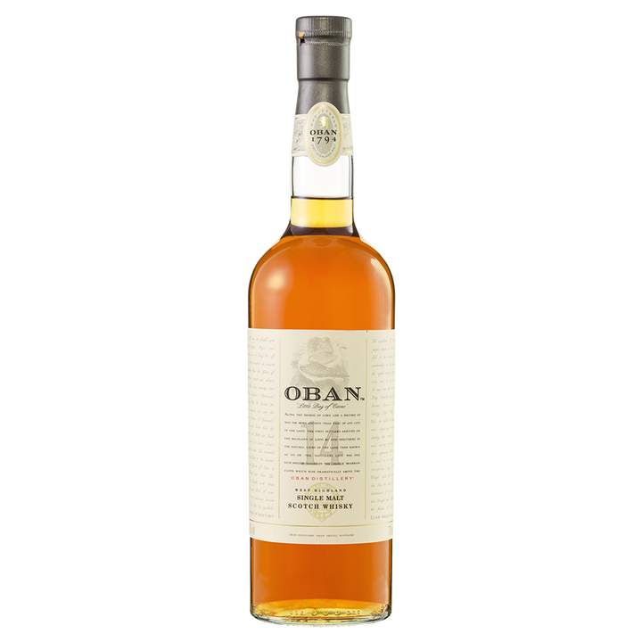 A bottle of Oban 14 Year Old Single Malt Scotch Whisky with a light brown liquid, cream label, and gray cap stands upright against a white background, highlighting the craftsmanship of Oban Distillery.