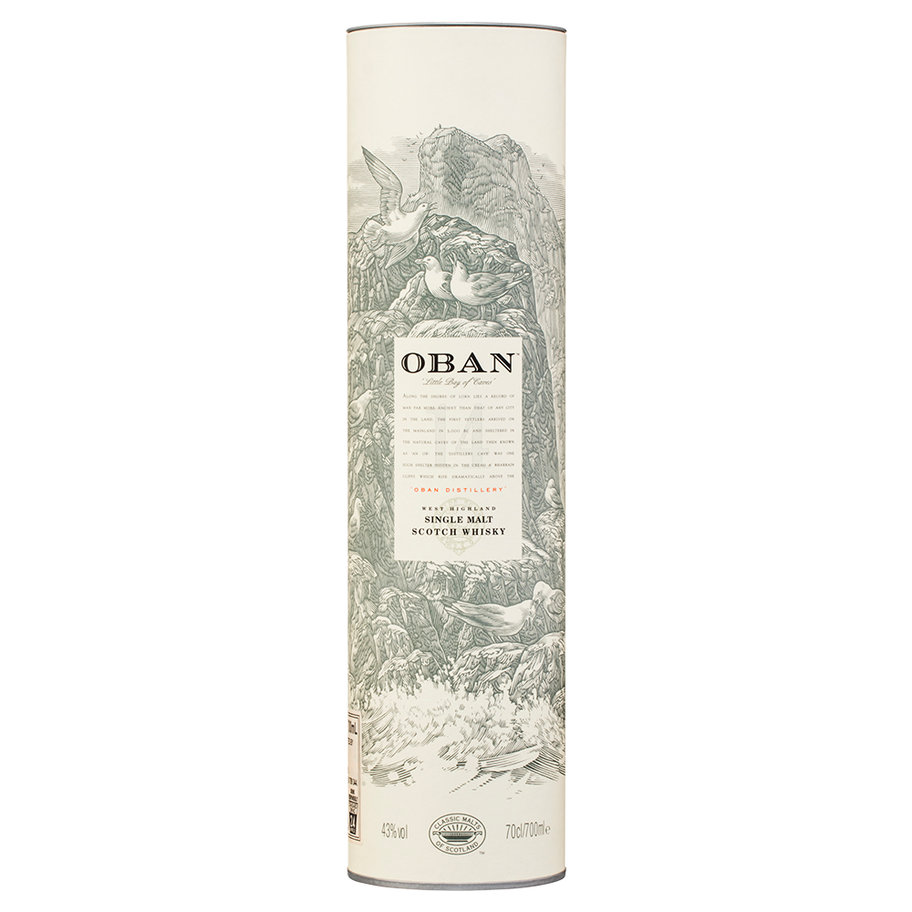 A cylindrical box of Oban 14 Year Old Single Malt Scotch Whisky showcases detailed monochrome birds and rocky cliffs, with the Oban Distillery name and product details displayed in elegant black and gold text.