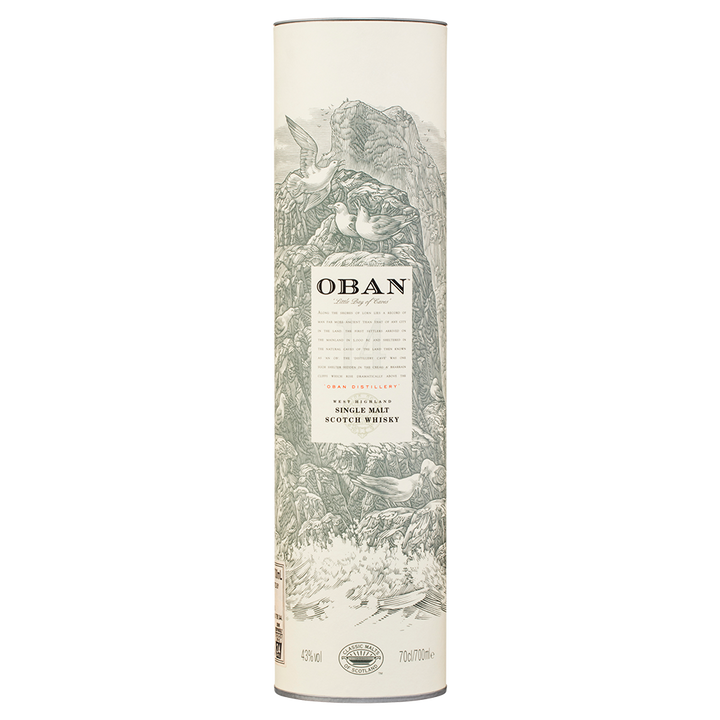 A cylindrical box of Oban 14 Year Old Single Malt Scotch Whisky showcases detailed monochrome birds and rocky cliffs, with the Oban Distillery name and product details displayed in elegant black and gold text.