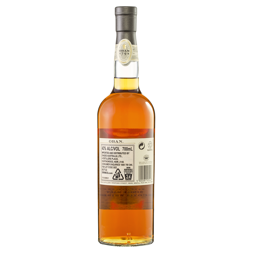 A bottle of Oban 14 Year Old Single Malt Scotch Whisky, filled with amber liquid, is shown from the back on a plain white background, with its label displaying product details, alcohol content, and recycling information.