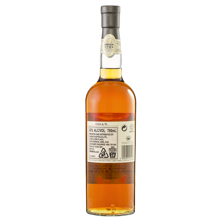 A bottle of Oban 14 Year Old Single Malt Scotch Whisky, filled with amber liquid, is shown from the back on a plain white background, with its label displaying product details, alcohol content, and recycling information.