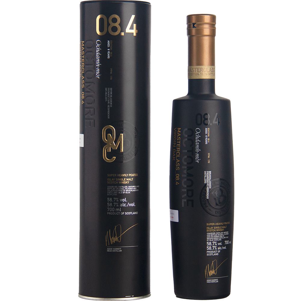 A black bottle of Bruichladdich Octomore 08.4 Single Malt Whisky, with gold and white text showing signatures and ABV, stands next to its matching cylindrical case.