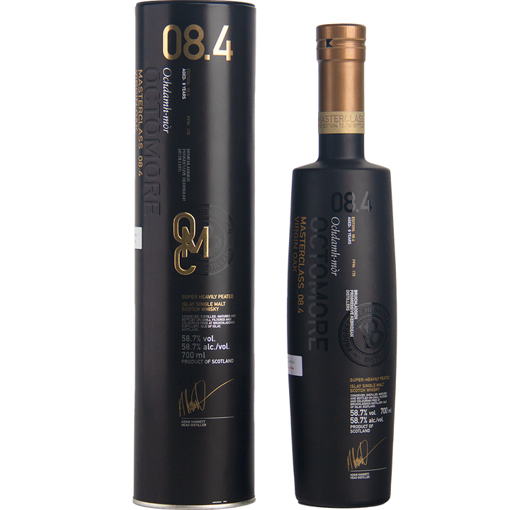 A black bottle of Bruichladdich Octomore 08.4 Single Malt Whisky, with gold and white text showing signatures and ABV, stands next to its matching cylindrical case.