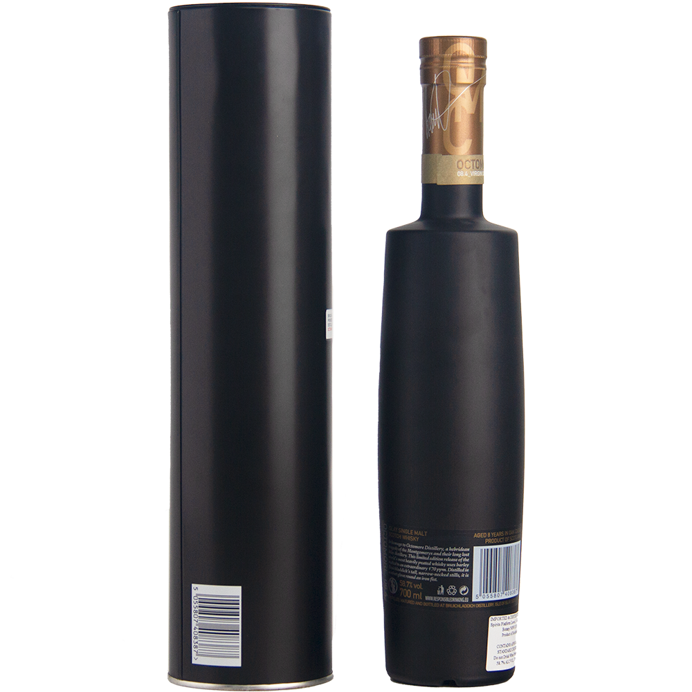 A matte black bottle of Bruichladdich Octomore 08.4 Single Malt Whisky stands beside its matching tall, black cylindrical container. Both feature minimal labels and visible barcodes on the back.