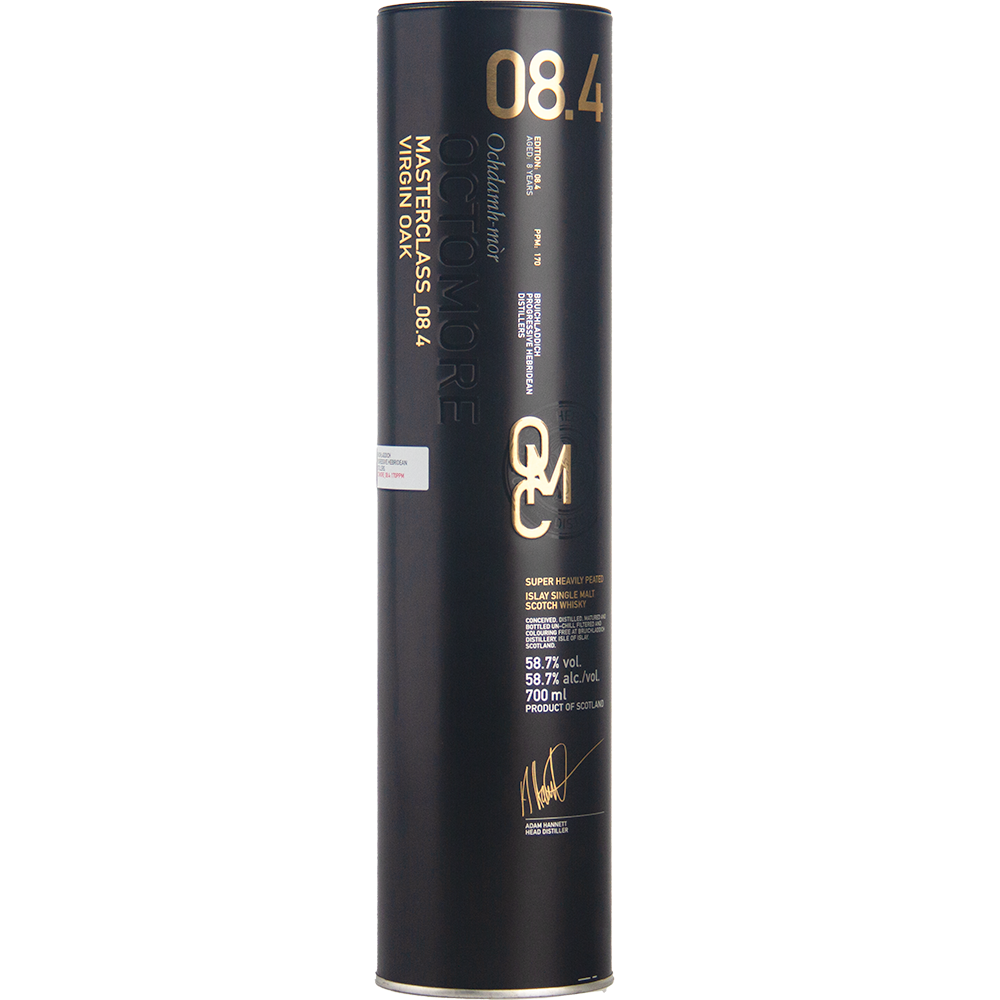 A tall, black cylindrical bottle with gold and white text labeled Bruichladdich Octomore 08.4 Single Malt Whisky; a heavily peated whisky at 58.7% ABV, 700 ml.