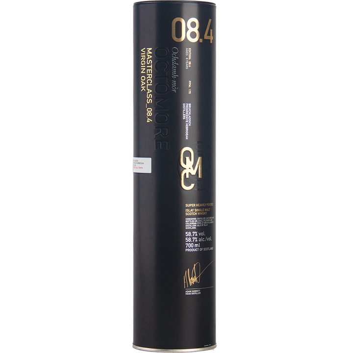 A tall, black cylindrical bottle with gold and white text labeled Bruichladdich Octomore 08.4 Single Malt Whisky; a heavily peated whisky at 58.7% ABV, 700 ml.