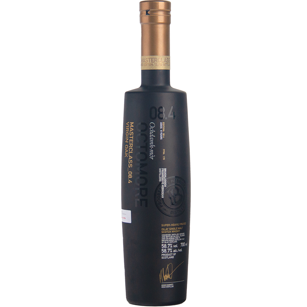 A tall, matte black bottle of Bruichladdich Octomore 08.4 Single Malt Whisky features gold and white text, a gold cap, embossed details, and a modern, minimalist design.