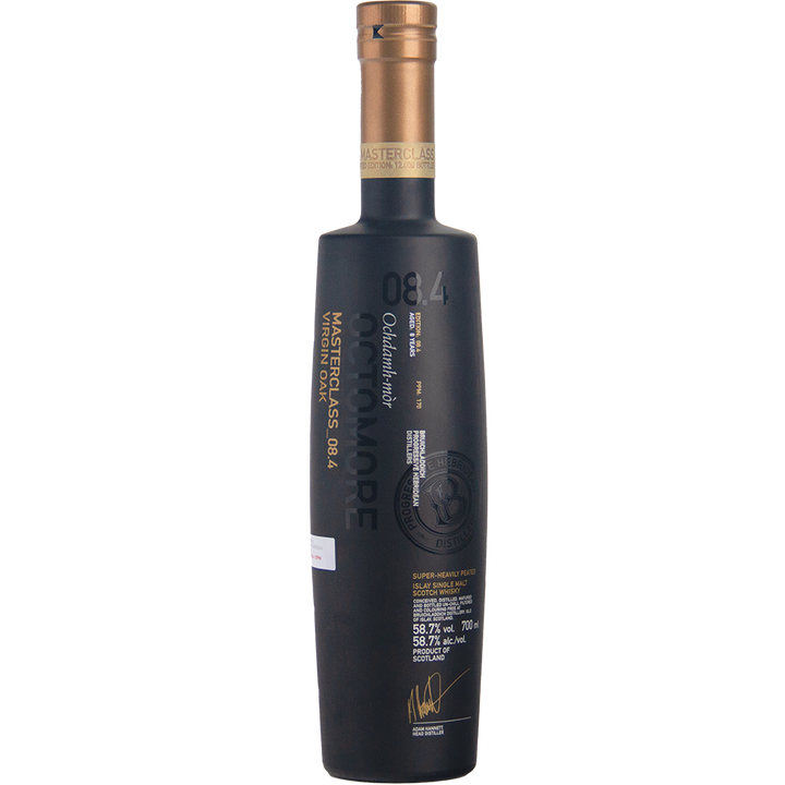 A tall, matte black bottle of Bruichladdich Octomore 08.4 Single Malt Whisky features gold and white text, a gold cap, embossed details, and a modern, minimalist design.