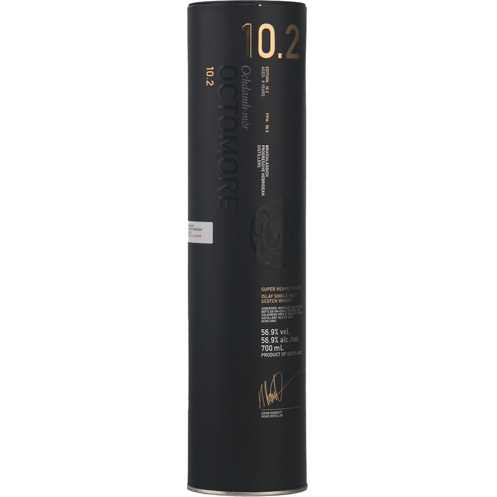 A tall, cylindrical black container with gold text displays Bruichladdich Octomore 10.2 Cask Strength Single Malt Scotch Whisky, a heavily peated whisky. The packaging features embossed and printed details, including alcohol volume and signature.