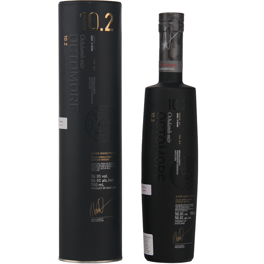 A matte black bottle of Bruichladdich Octomore 10.2 Cask Strength Single Malt Scotch Whisky stands beside its matching cylindrical box, both adorned with gold and white text highlighting the brand and whisky details.