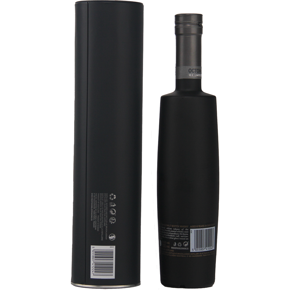 A sleek black bottle of Bruichladdich Octomore 10.2 Cask Strength Single Malt Scotch Whisky with a matching cylindrical container, both featuring minimal white text and barcodes, displayed against a plain white background. This whisky makes a bold statement.