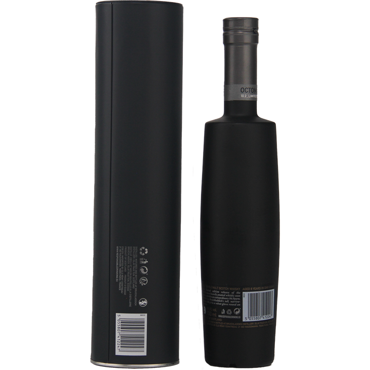 A sleek black bottle of Bruichladdich Octomore 10.2 Cask Strength Single Malt Scotch Whisky with a matching cylindrical container, both featuring minimal white text and barcodes, displayed against a plain white background. This whisky makes a bold statement.