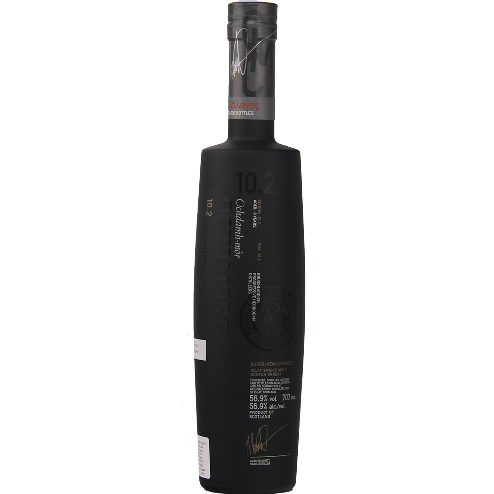 A tall, matte black bottle of Bruichladdich Octomore 10.2 Cask Strength Single Malt Scotch Whisky with white and gold text displaying alcohol content, volume, and branding.