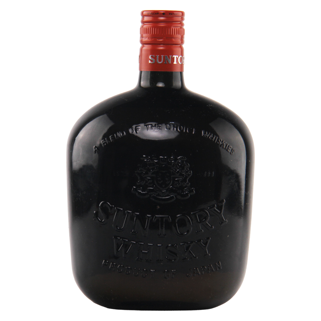 Suntory Whisky bottle with red cap on a white background