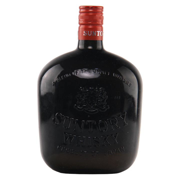 Suntory Whisky bottle with red cap on a white background