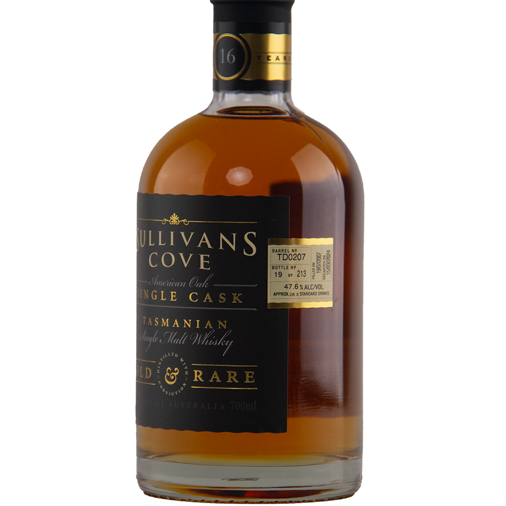 A 700ml bottle of Sullivans Cove Old & Rare American Oak Ex-Bourbon 16 Year Old TD0207, matured in ex-bourbon casks, features a black and gold label plus a gold tag with cask details.