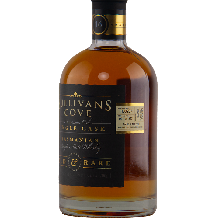 A 700ml bottle of Sullivans Cove Old & Rare American Oak Ex-Bourbon 16 Year Old TD0207, matured in ex-bourbon casks, features a black and gold label plus a gold tag with cask details.