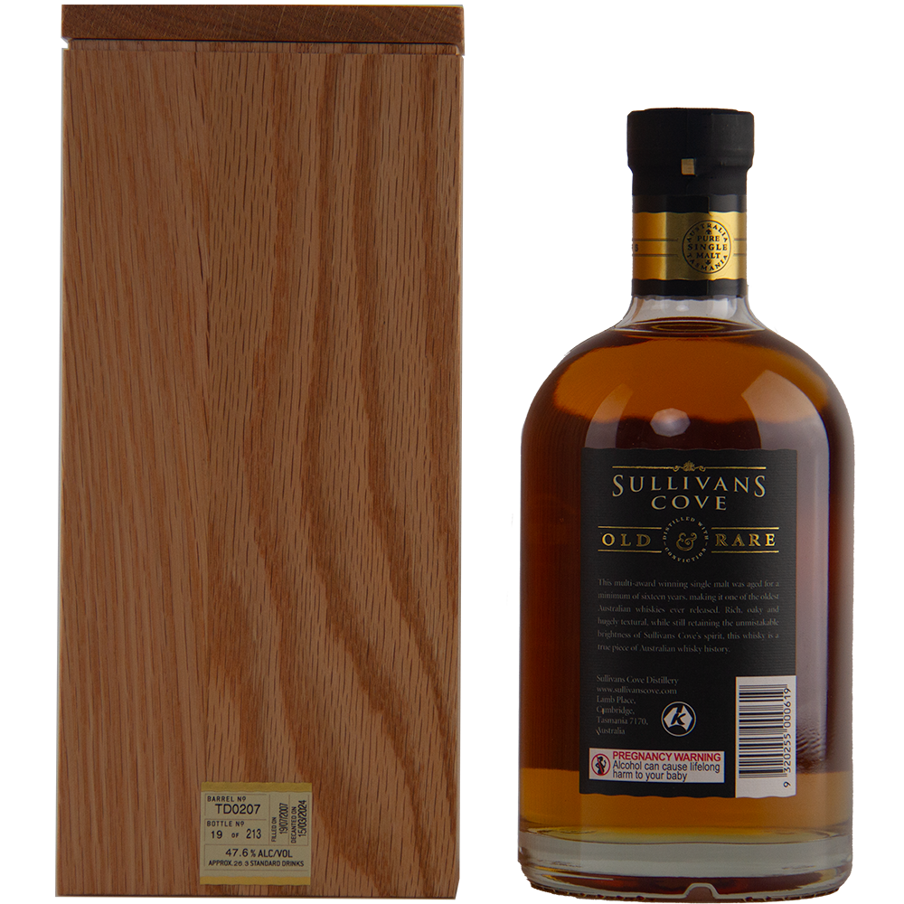 A bottle of Sullivans Cove Old & Rare American Oak Ex-Bourbon 16 Year Old TD0207 sits beside a wooden box, showcasing its distinguished ex-bourbon cask heritage.