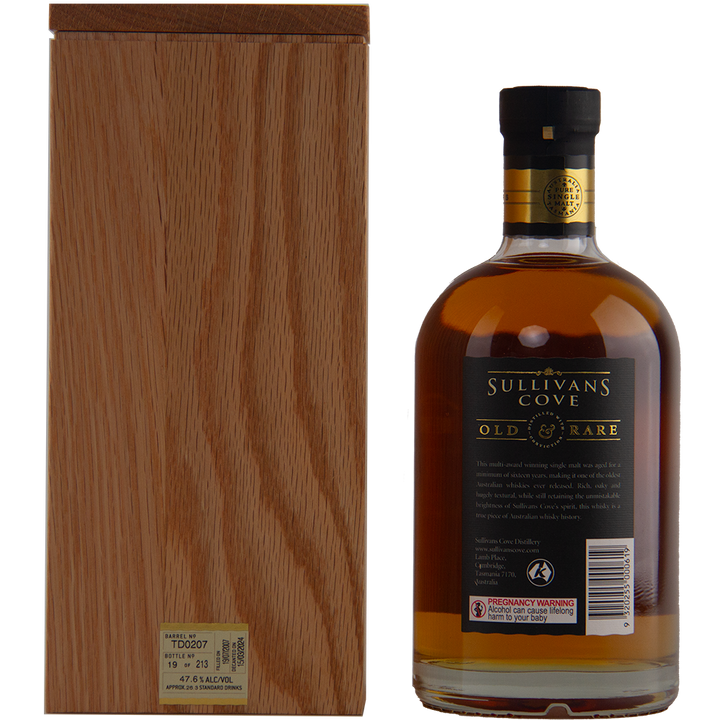A bottle of Sullivans Cove Old & Rare American Oak Ex-Bourbon 16 Year Old TD0207 sits beside a wooden box, showcasing its distinguished ex-bourbon cask heritage.
