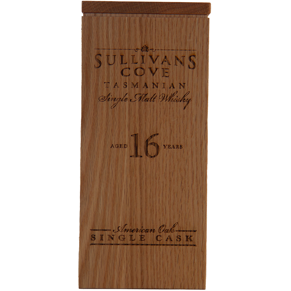 A wooden box engraved with "Sullivans Cove Old & Rare American Oak Ex-Bourbon 16 Year Old TD0207" on the front.