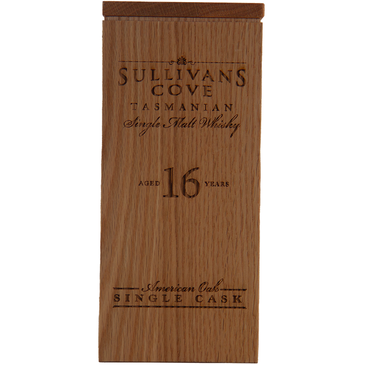 A wooden box engraved with "Sullivans Cove Old & Rare American Oak Ex-Bourbon 16 Year Old TD0207" on the front.
