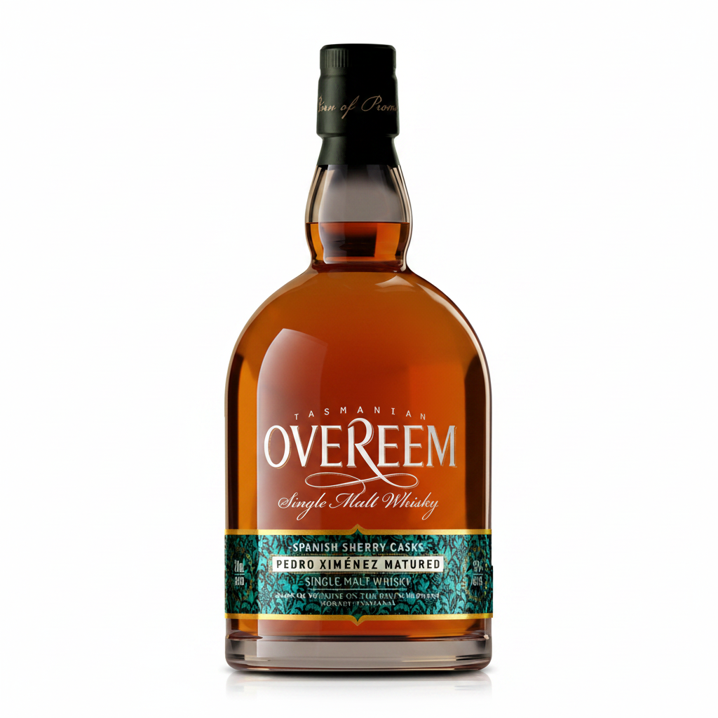 A bottle of Overeem Tasmanian Single Malt Whisky, Pedro Ximénez Matured, featuring amber-brown liquid, a black cap, and a label with white and teal text and graphics, set against a plain white background.