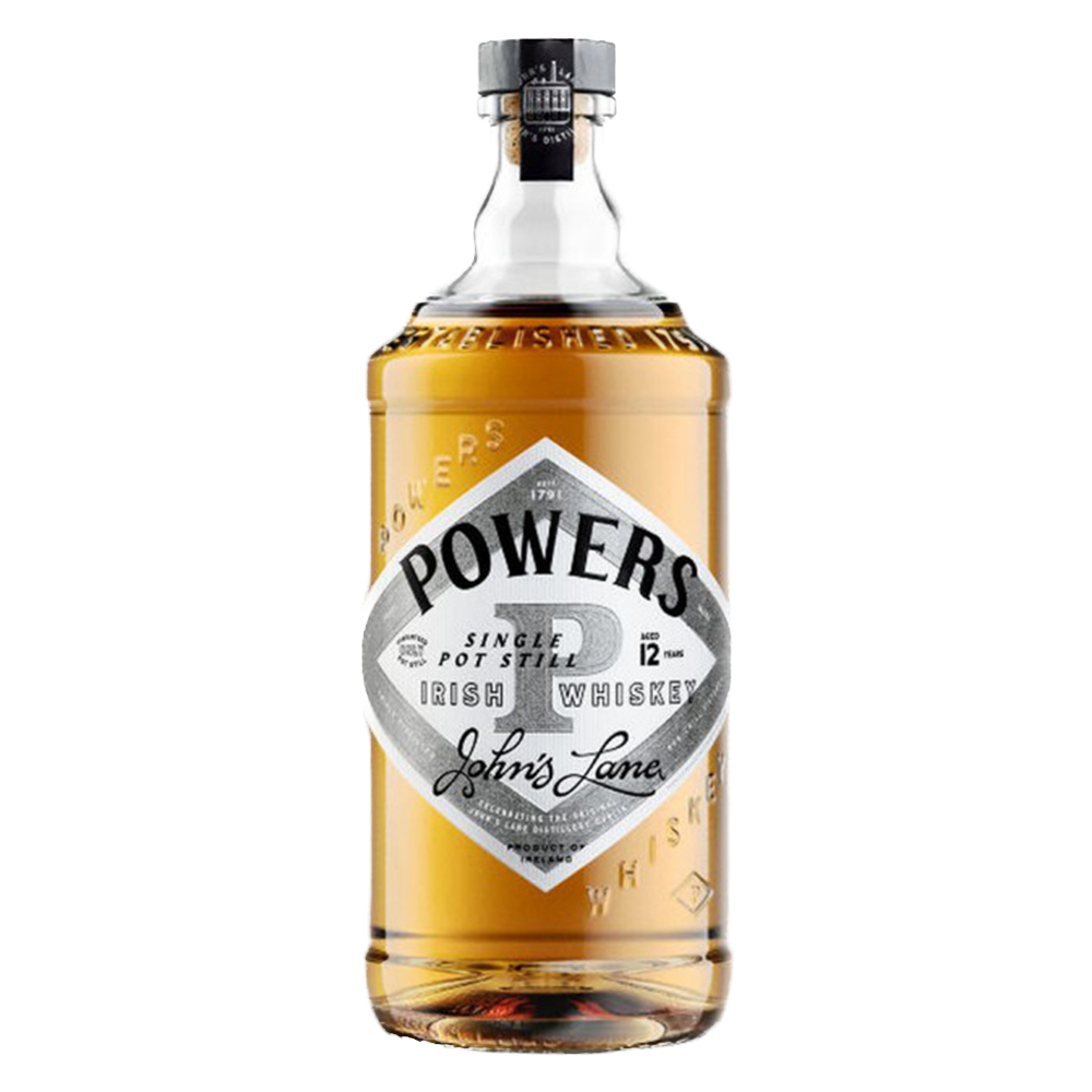 A clear glass bottle of Powers John's Lane 12 Year Old Irish Whiskey, featuring a silver label and golden whiskey, displayed against a plain white background.