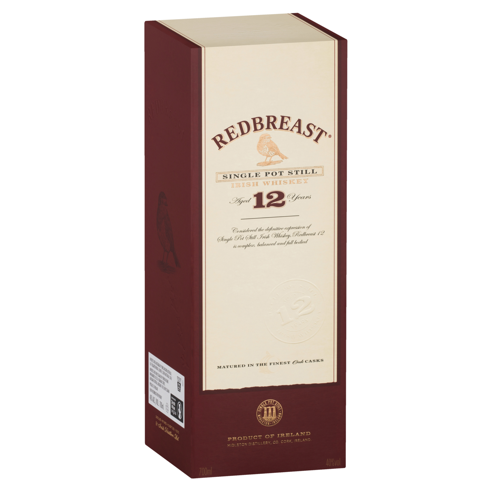 A box of Redbreast 12 Year Old Single Pot Still Irish Whiskey, decorated in cream and burgundy with gold text and a robin illustration on the front, from Midleton Distillery.