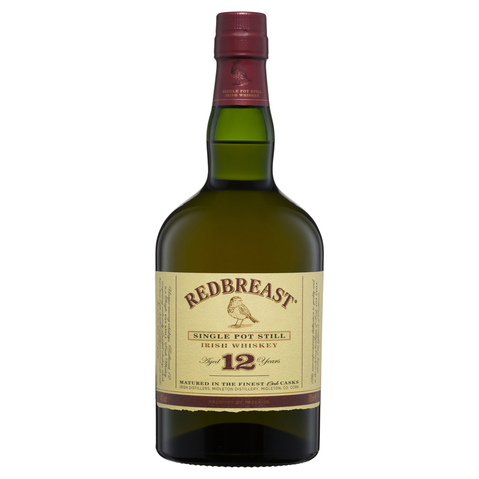 A green glass bottle of Redbreast 12 Year Old Single Pot Still Irish Whiskey features a cream and red label with a bird, gold text, red cap, and gold seal.