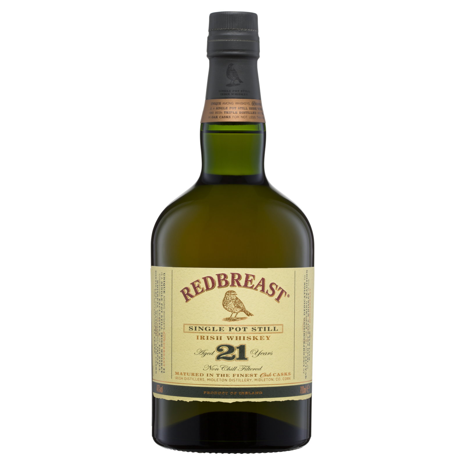 A green bottle of Redbreast 21 Year Old Single Pot Still Irish Whiskey features a cream label with gold and red accents, a dark brown top, and displays the Redbreast logo with bird illustration.