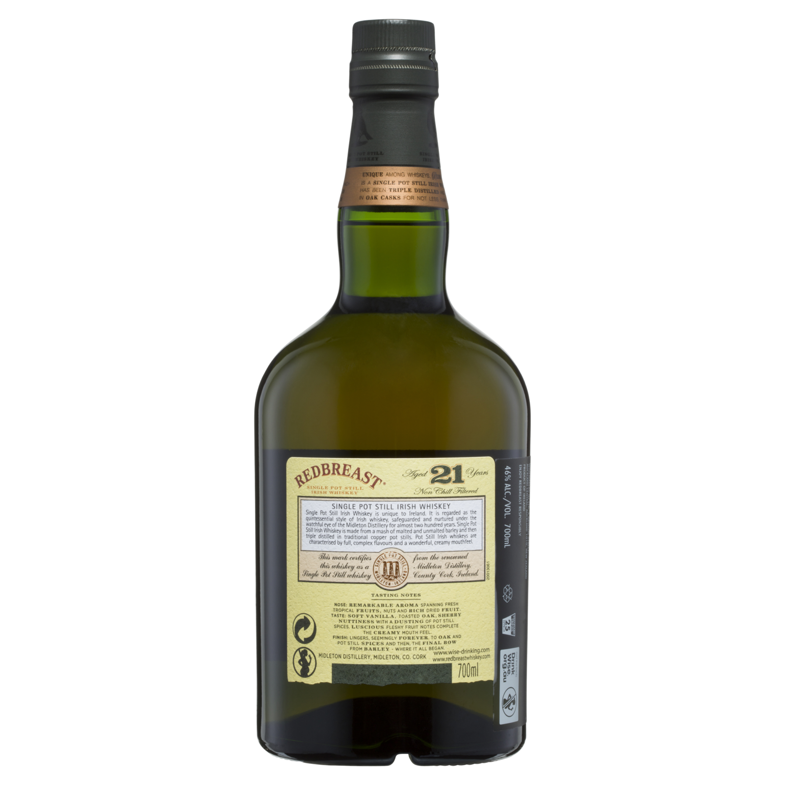 A green glass bottle of Redbreast 21 Year Old Single Pot Still Irish Whiskey is shown from the back, displaying a beige and gold label with detailed text and a dark green screw cap.