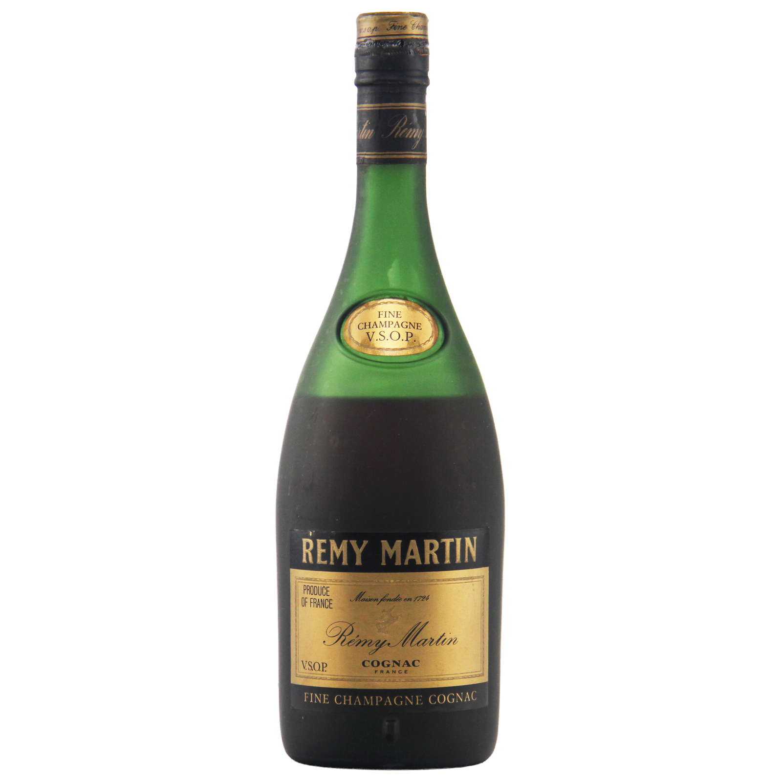 Bottle of Remy Martin VSOP Cognac on a white background