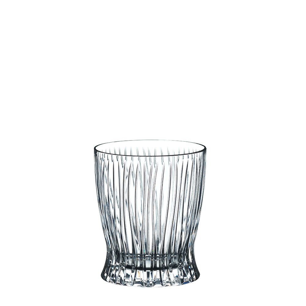 The RIEDEL Fire Whisky Tumbler Collection features clear crystal tumblers with a slightly flared base and striking vertical textures, crafted for enjoying fine whiskies, shown on a plain white background.