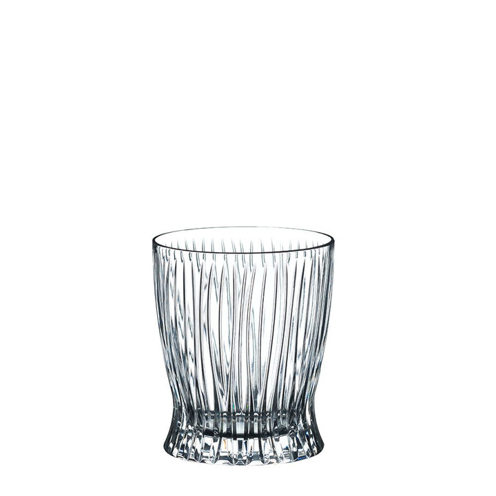 The RIEDEL Fire Whisky Tumbler Collection features clear crystal tumblers with a slightly flared base and striking vertical textures, crafted for enjoying fine whiskies, shown on a plain white background.