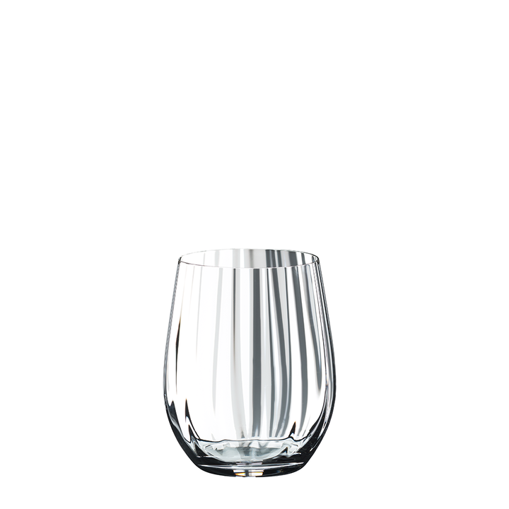 A clear RIEDEL Optical O Whisky Glass from the Set of 2, featuring vertical ridges, a round base, and a subtly tapered rim, sits empty on a white background.
