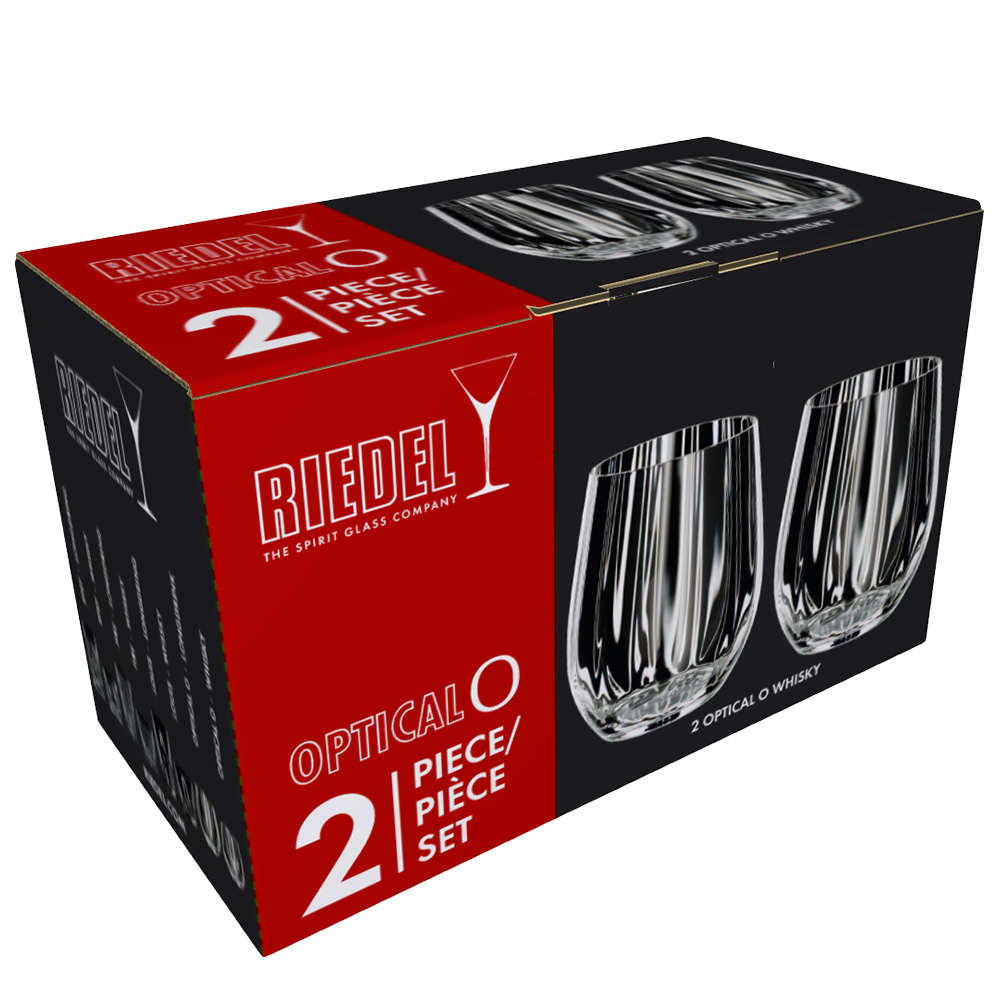 The RIEDEL Optical O Whisky Glass Set of 2 comes in black and red packaging with images of two clear stemless tumblers, labeled "Optical O 2 Piece Set.