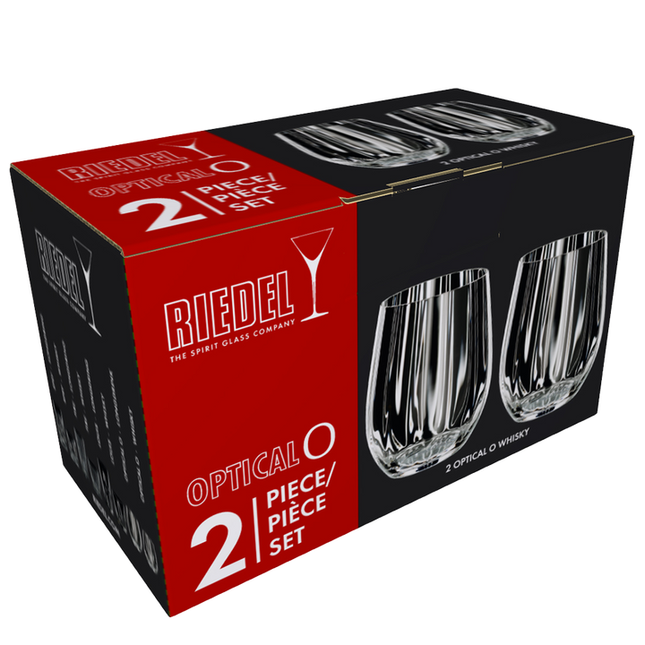 The RIEDEL Optical O Whisky Glass Set of 2 comes in black and red packaging with images of two clear stemless tumblers, labeled "Optical O 2 Piece Set.