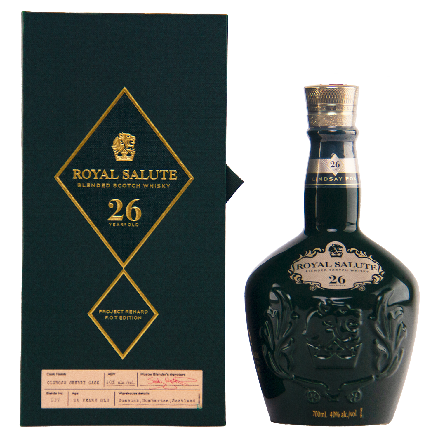 Royal Salute 26-year-old blended Scotch whisky bottle and packaging on a white background