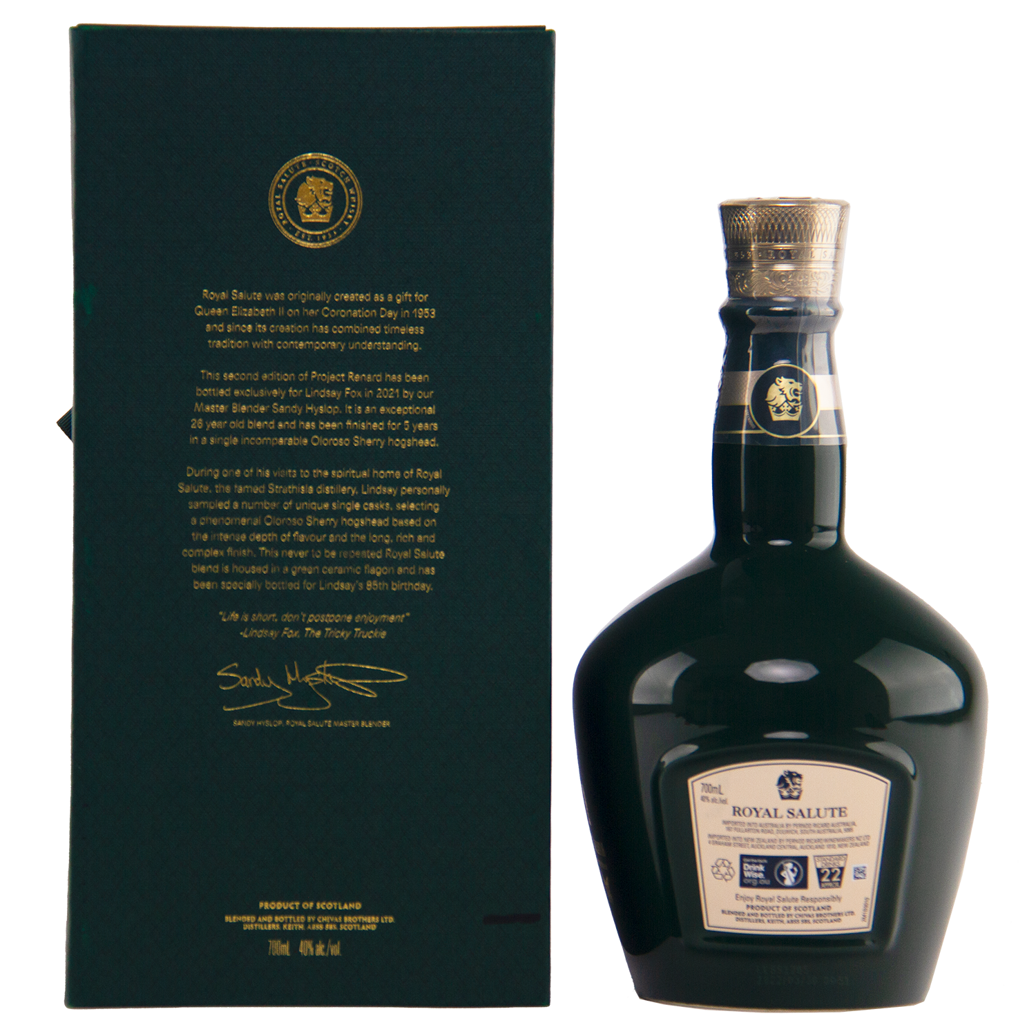 Bottle of Royal Salute whisky with packaging on a white background