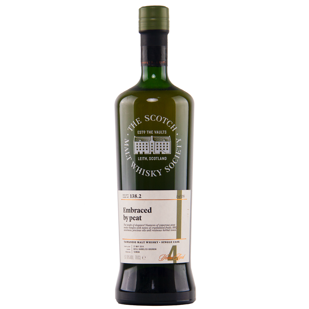 A green bottle of SMWS 138.2 Embraced by Peat, a peated whisky with a dark cap, stands on a white background, displaying The Scotch Malt Whisky Society label.