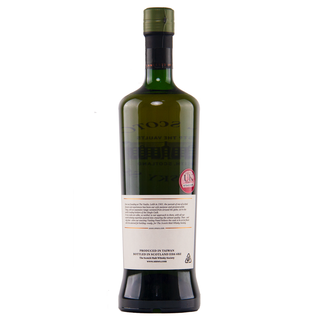 A green glass bottle of SMWS 138.2 Embraced by Peat Taiwanese single cask whisky with a long neck, white label with black text and red circular stamp, sealed by a dark green cap, set against a plain white background.
