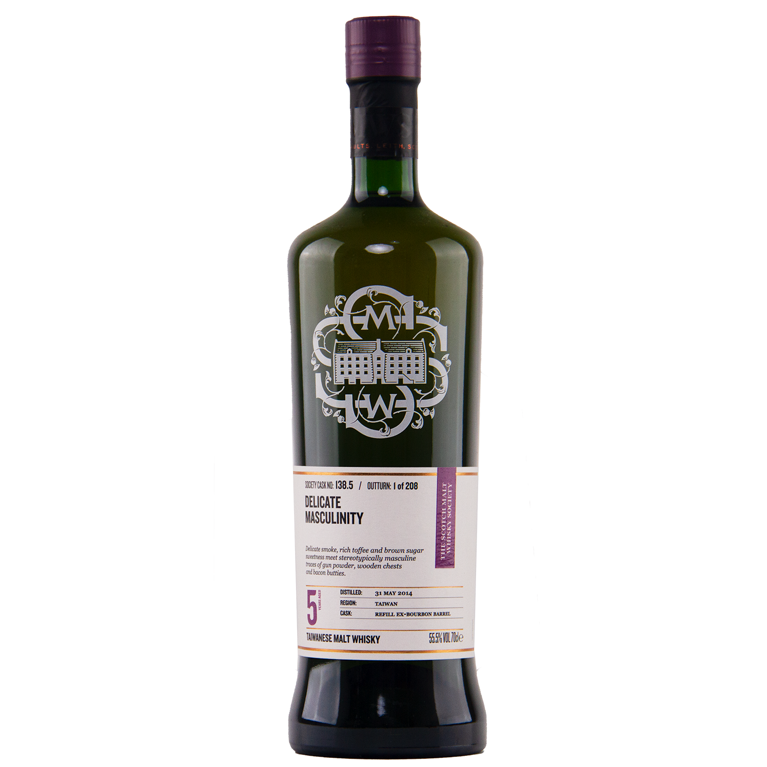 A dark green bottle of SMWS 138.5 Delicate Masculinity, a rare 5-year-old cask strength Taiwanese single cask whisky, features a detailed white logo and cream label, displayed against a white background.